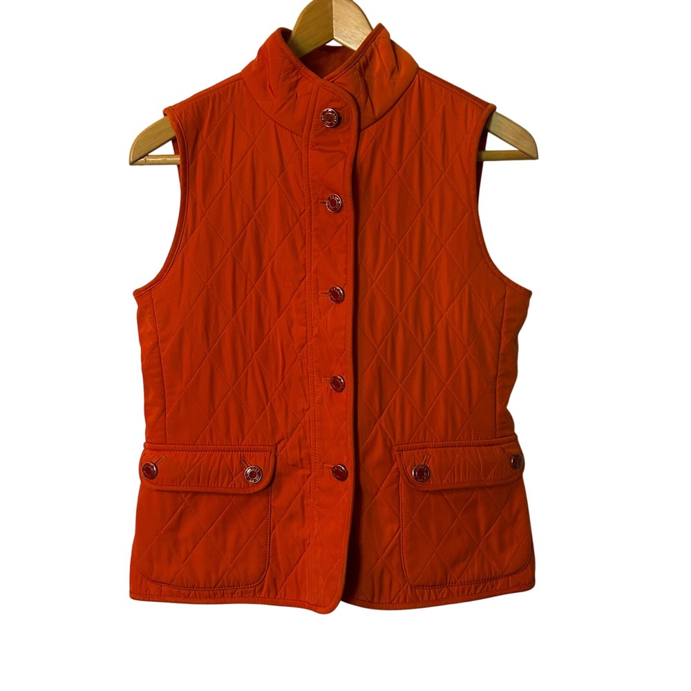 Talbots Vest Womens Small Front Buttons Quilted Orange‎ Fall Autumn Pockets